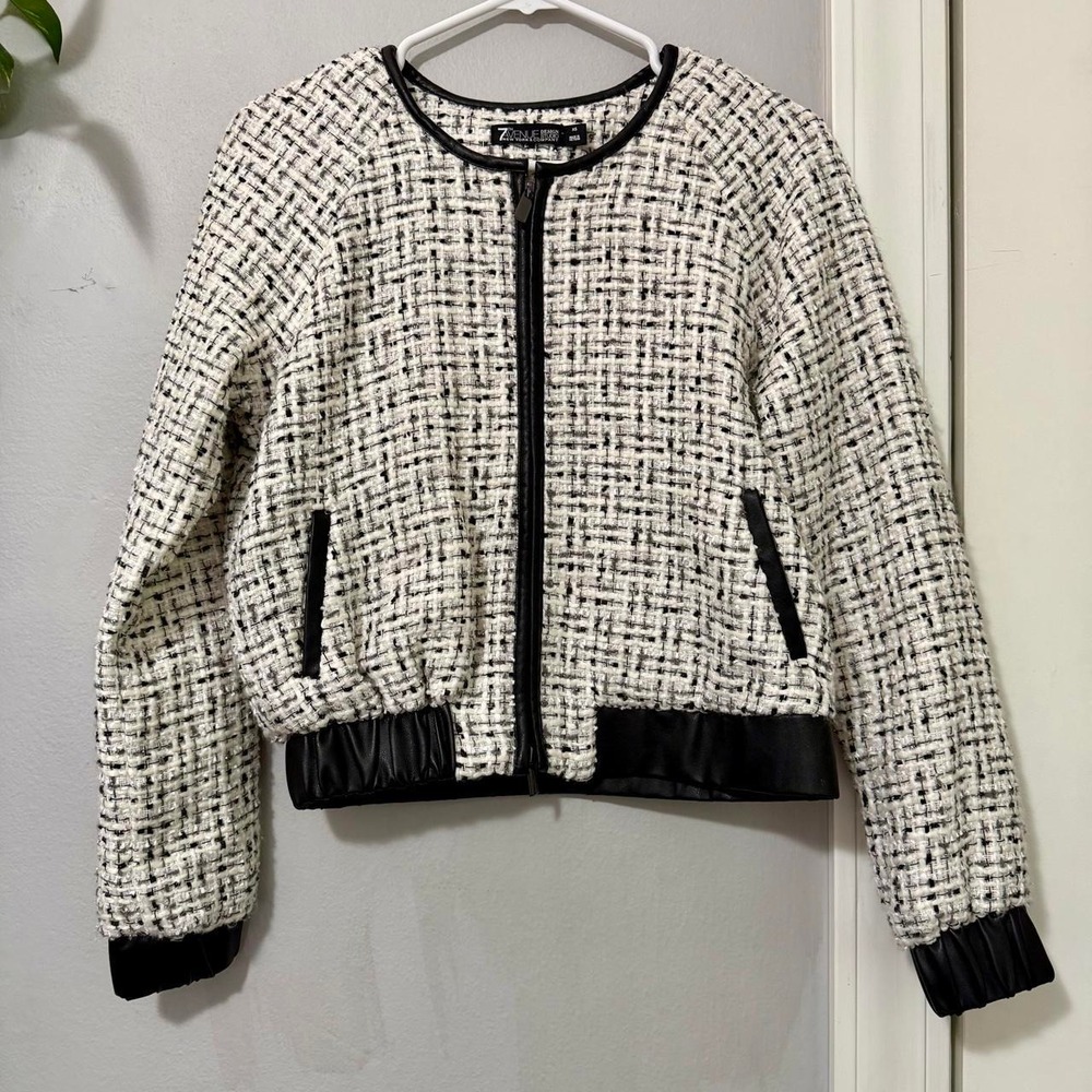 New York & Company Cropped Tweed Bomber Jacket Black Ivory Metallic XS